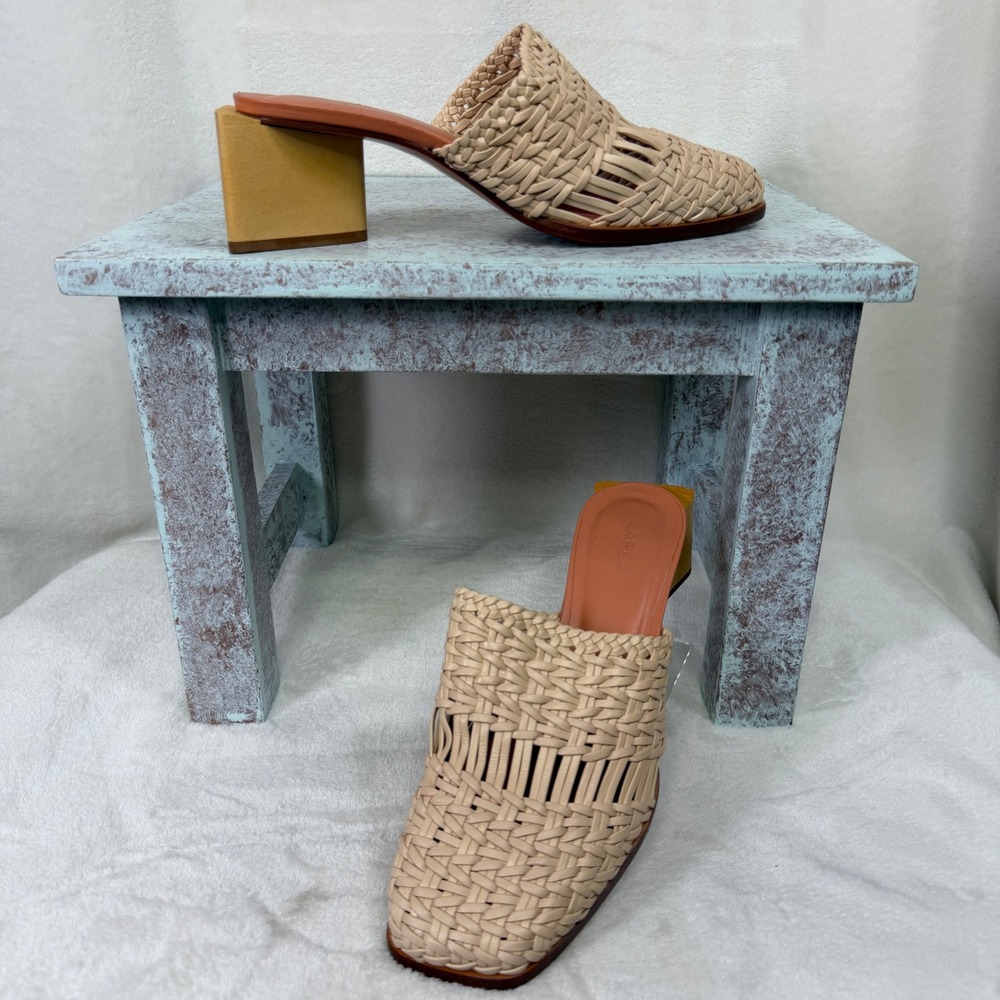 AAREIA Woven Leather‎ Block Heel Mules Womens 7 Beige Handcrafted Brazil